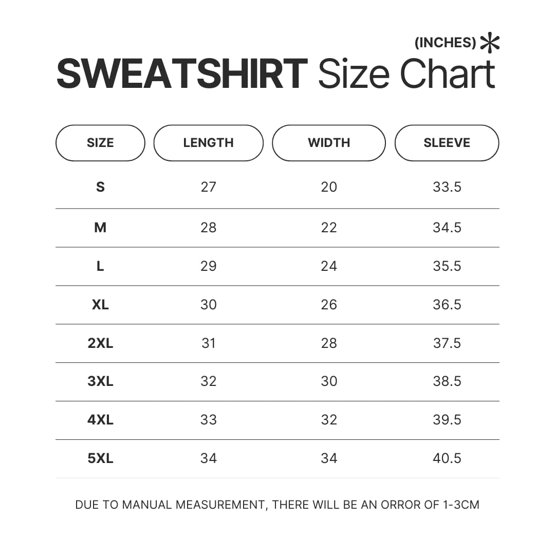 Sweatshirt Size Chart - Arctic Monkeys Merch